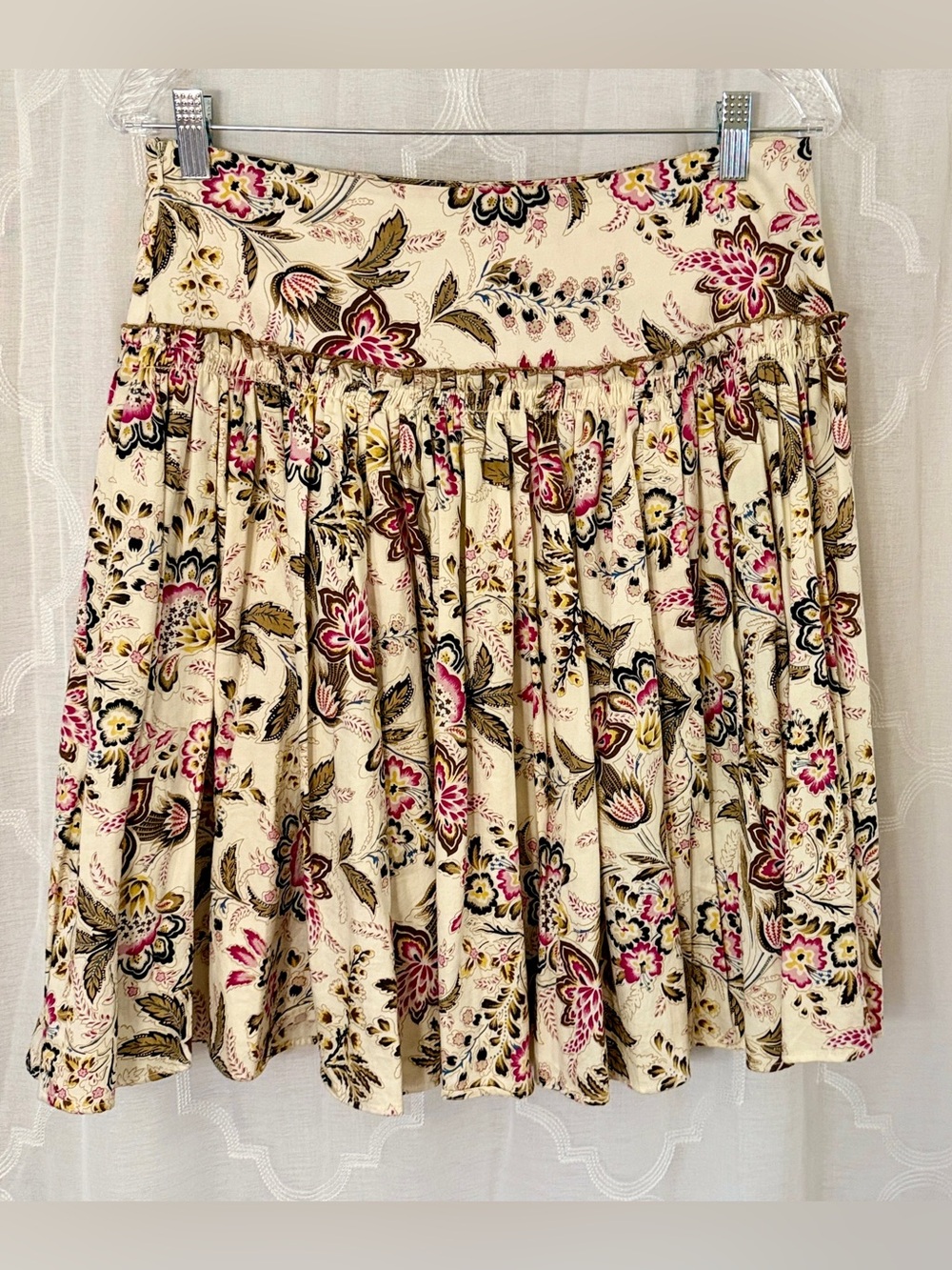 Willi Smith Cream Floral Boho Circle Skirt with Pink & Olive Detail | Size 6